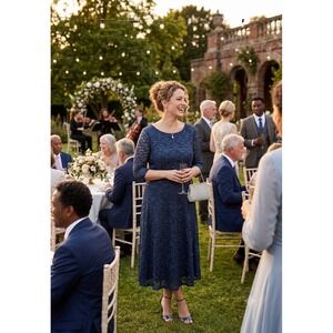 SLNY Womens Plus Size 18 Dusty Blue Glitter Floral Lace Midi Dress 3/4 Sleeve